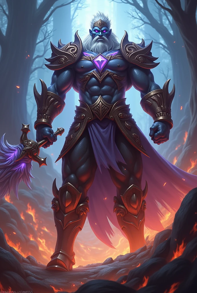 Create a high-resolution, detailed image of a champion from the game League of Legends. The character should be depicted in an action pose, highlighting their unique abilities and iconic features. The design should be true to the game's art style, with intricate armor, weapons, and magical effects that reflect the character's lore and abilities. Include a dynamic background that complements the character's theme, whether it's a mystical forest, a fiery battleground, or an ancient temple. The color palette should be vibrant and striking, capturing the essence of the character and their role in the game. The overall image should be dramatic, epic, and visually stunning, making it look like a scene from the game.