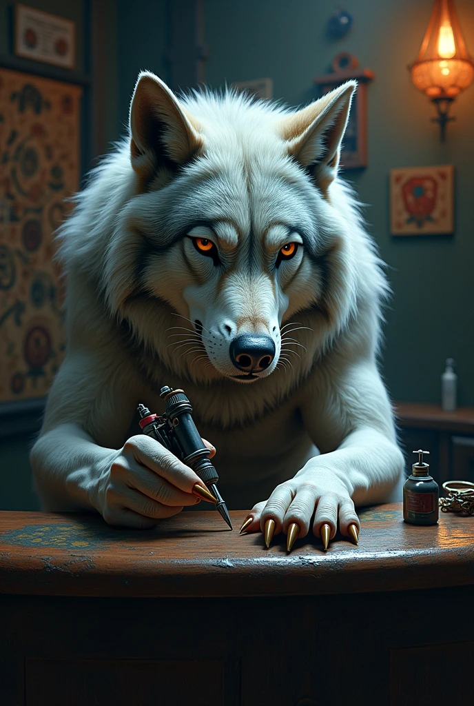 A wolf tattooing with a tattoo machine