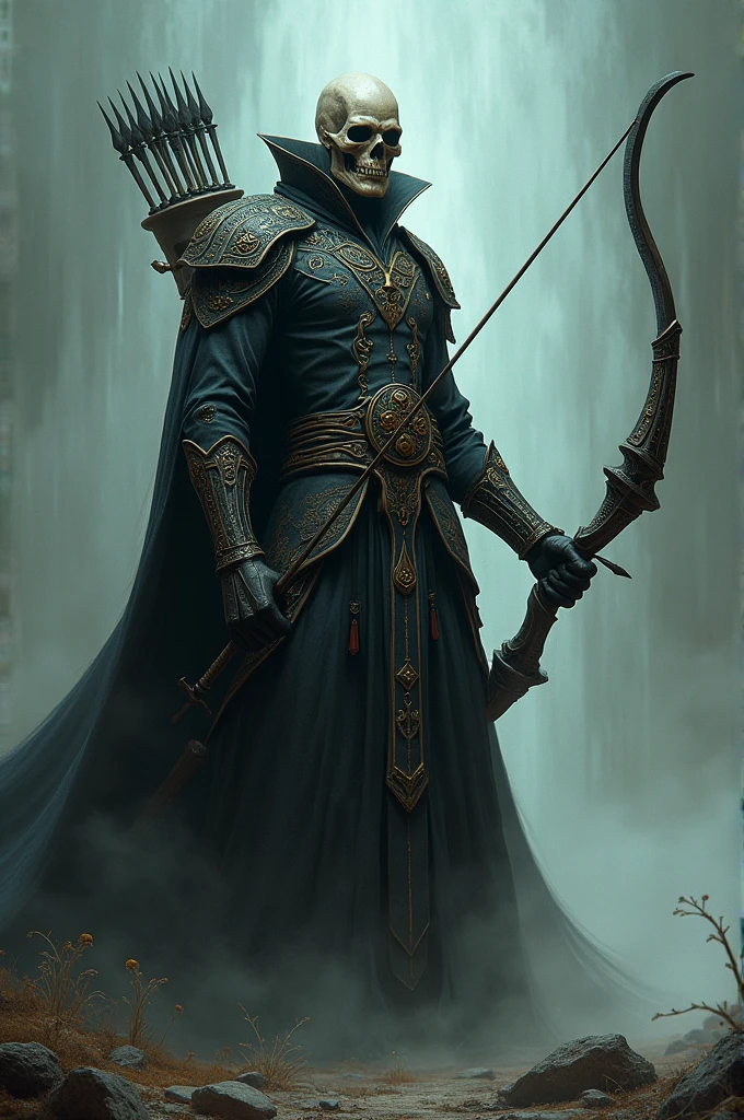 Man facing forward holding a bow and arrow with a skull face. 
