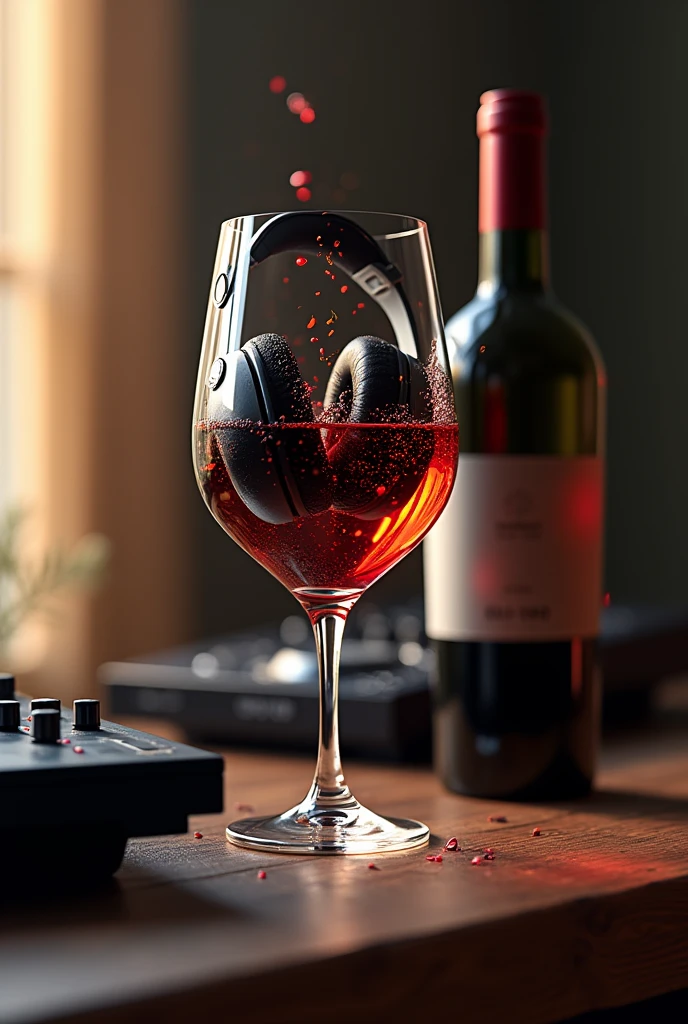 a bottle of wine and a glass full of musical notes
a pair of headphones inside the glass
A ddj 1000