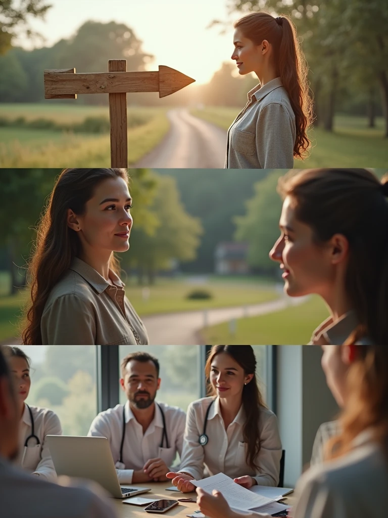 make three images , Image of a woman looking at a sign with two arrows and wondering which way to go , Image two of the same woman consulting with two people at a desk about which path she should take , Image three: woman celebrating a good decision with a document in her hand