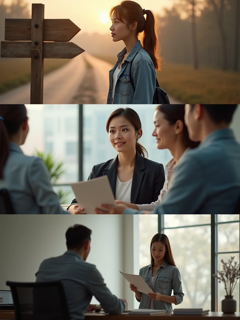 make three images  , Image of a woman looking at a sign with two arrows and wondering which way to go , Image two of the same woman consulting with two people at a desk about which path she should take , Image three: woman celebrating a good decision with a document in her hand