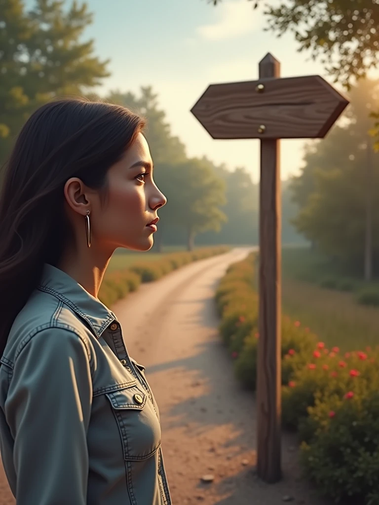 make three images , Image of a woman looking at a sign with two arrows and wondering which way to go , Image two of the same woman consulting with two people at a desk about which path she should take , Image three: woman celebrating a good decision with a document in her hand