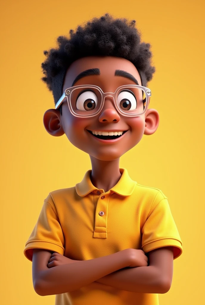 Pixar-style: brown boy, AT 20 YEARS OLD, really short hair, rectangular transparent glasses and smiling with crossed arms