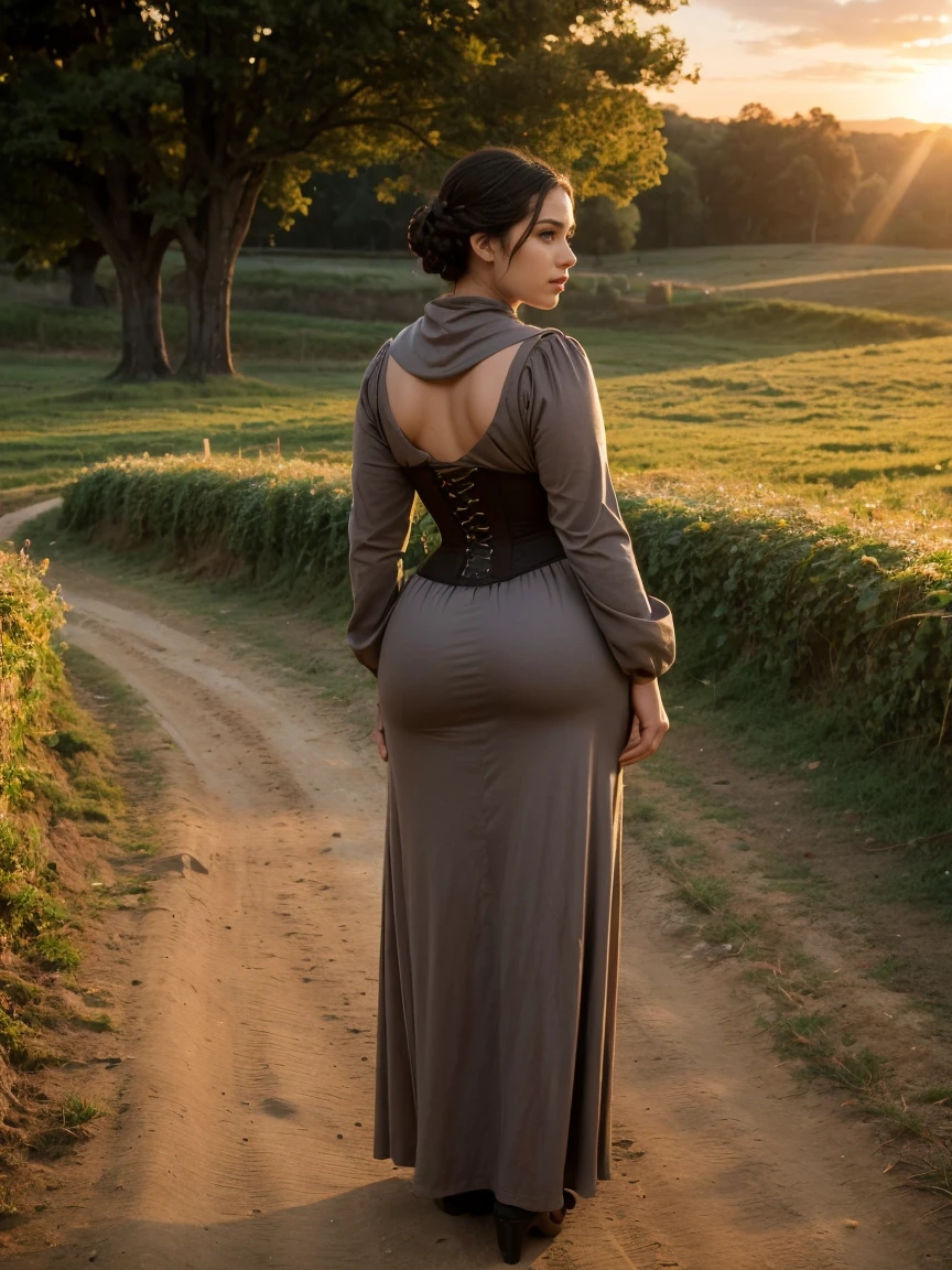 Beautiful and sensual busty athletic (delgado) Dark-haired peasant woman with sharp facial features wearing a modest updo, medieval hair covering, gray and brown coarse yarn medieval dress, long sleeves, wide collar, long dress, tight bodice, corset, middle Ages, cabin, farm, exterior, trees, field, evening, Sunset.What?(((take it from behind)))), (((fat ass))), (((((Full body shot))))), (((looking to the camera)))