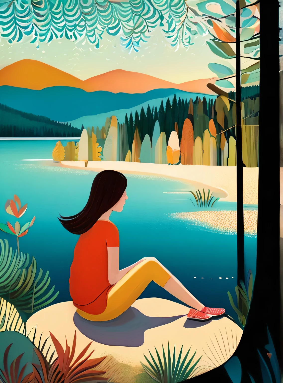 1 girl sitting near the shore,
trees
flat color 
lake
 detailed 
patterned background, 
(art by Jane Newland)