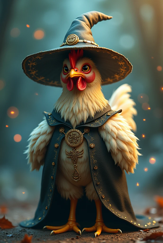 Create a chicken wearing a witch's costume 