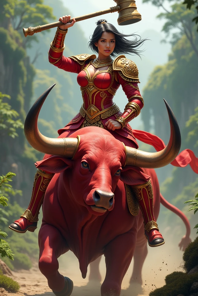 A Thai female warrior with short black hair, wearing red and gold armor, holding a large red and gold hammer, riding a red bull.