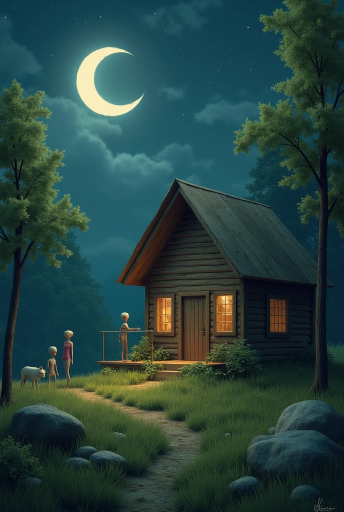 aliens, wooden house, nuit, crescent roll, grass, loup, fond nature