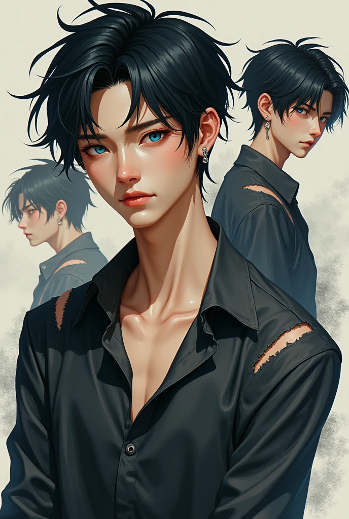 Male character with messy dark hair, with piercings in his left ear, dressed in a dark colored shirt and Asian blue eyes/torn up, that he is very handsome, shown from different angles and full body in a semi-realistic artistic style.