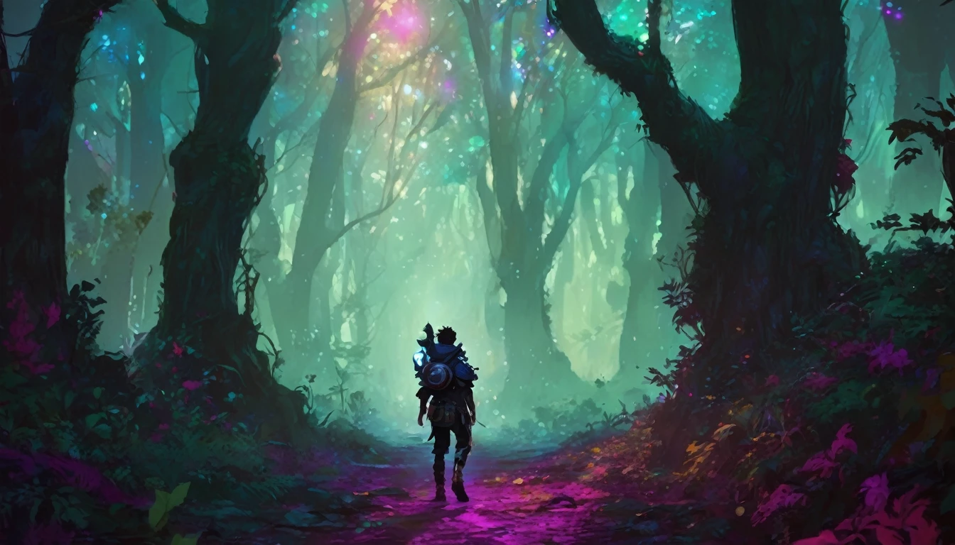 a human boy walking in a dense forest, NIGHT, high fantasy RPG style, League of Legends-inspired art style, dynamic poses, detailed facial features, cinematic lighting, vibrant colors, dramatic atmosphere, gritty realism, masterpiece, best quality, ultra-detailed, VALORANT