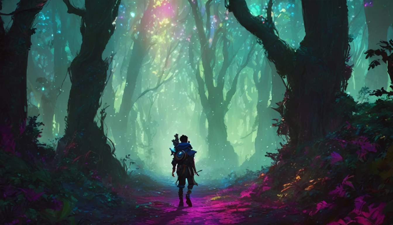  a human boy walking in a dense forest, NIGHT, high fantasy RPG style, League of Legends-inspired art style, dynamic poses, detailed facial features, cinematic lighting, vibrant colors, dramatic atmosphere, gritty realism, masterpiece, best quality, ultra-detailed, VALORANT
