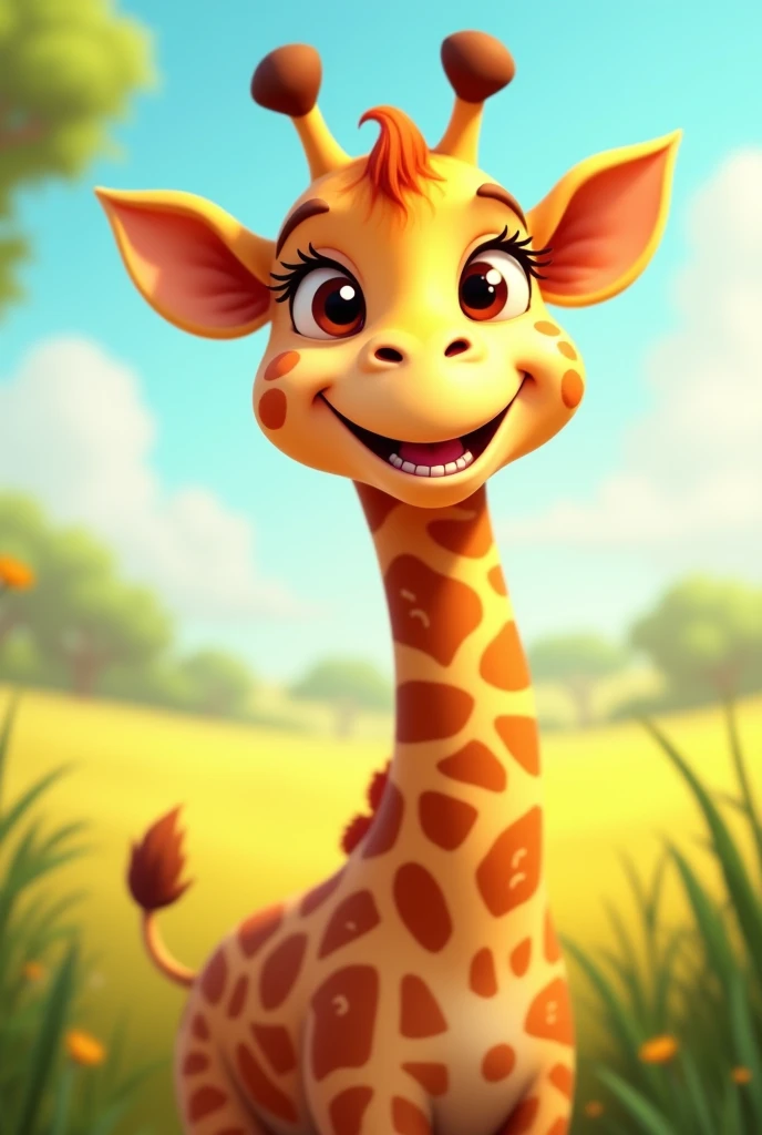 Create a cheerful and whimsical image of a giraffe with a big, friendly smile. The giraffe should be depicted with warm, expressive eyes and a joyful, exaggerated grin that conveys happiness and playfulness. The background could be a bright, sunny savannah or a lush, green landscape, adding to the cheerful atmosphere. Use vibrant colors and soft, rounded lines to give the image a lighthearted and welcoming feel. The overall composition should be fun and inviting, capturing the gentle and friendly nature of the giraffe