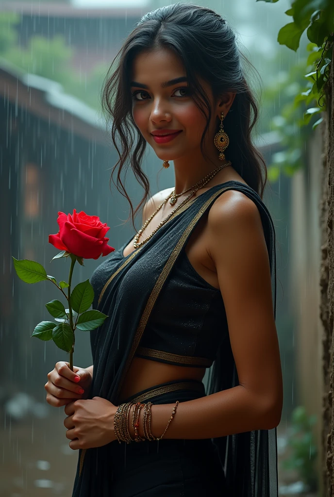 Sexy Indian girl big eyes, big boobs, black saree smiling with a red rose in hand, tall,  outdoor, rainy weather 