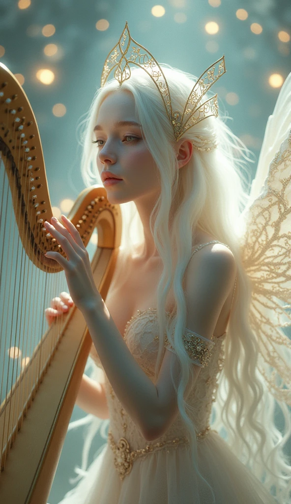 This image depicts a serene, ethereal scene featuring a delicate figure playing a harp. The character appears otherworldly, with pale skin and long, flowing white hair adorned with intricate, shimmering accessories. The setting seems to be a dreamy, celestial environment, filled with soft, glowing lights that enhance the magical ambiance. The figure's clothing is equally ethereal, with light, translucent fabric that adds to the otherworldly, almost angelic feel of the image.