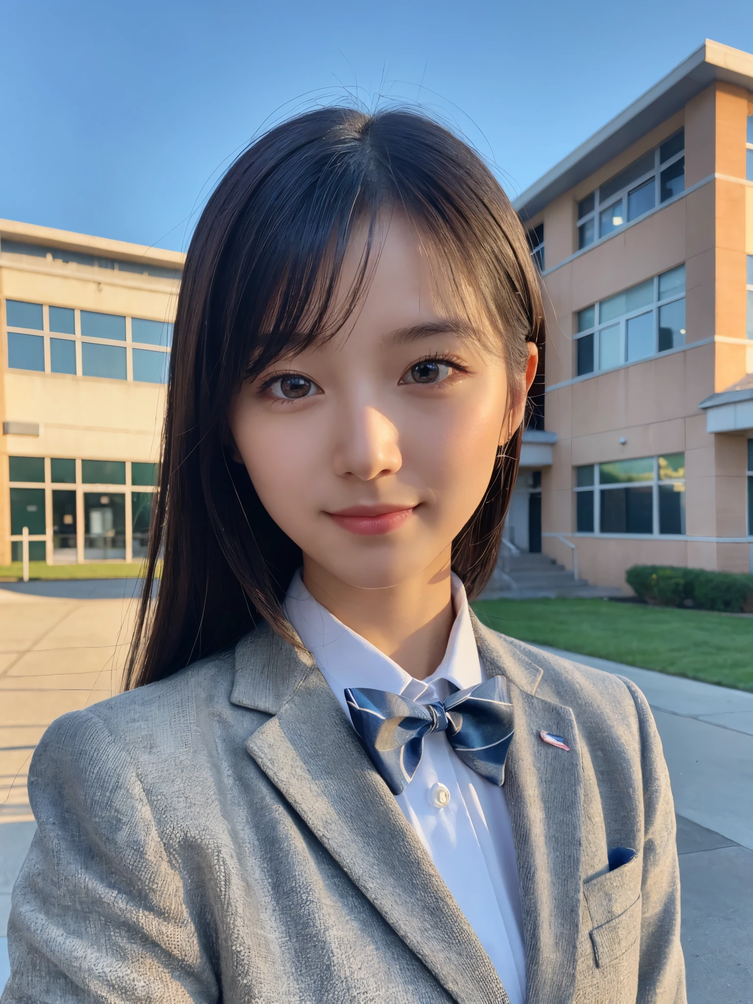 (Highest quality,8K quality,masterpiece:1.3),(Ultra-high resolution,Realistic:1.4,Live Shooting),(Very detailed,Caustics,Detailed Background),(Ultra-Realistic Capture,Beautiful and detailed skin,Perfect Anatomy),At dusk,Sunset sky,School building,Schoolyard,,cute,single eyelid,Long black hair,School Blazer Uniform,Looking into the camera,A sloppy smile,Bust up shot,Natural light