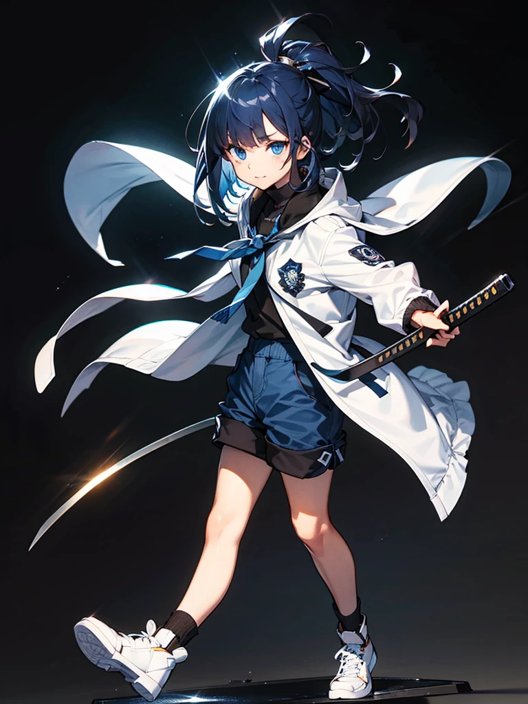 Battoujutsu, Black background with spotlight, Young face, White jacket,Medium hair, Black and blue hair,blue eyes, wore shorts