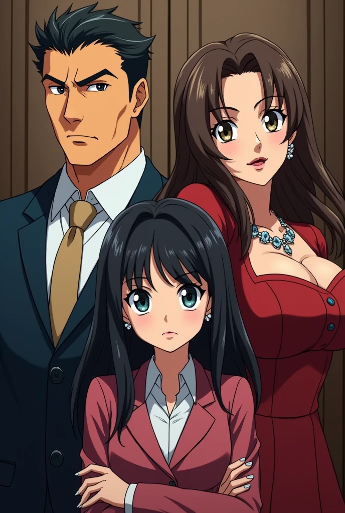 Anime style, mafia, family, mother, father, adult daughter, timid, black hair