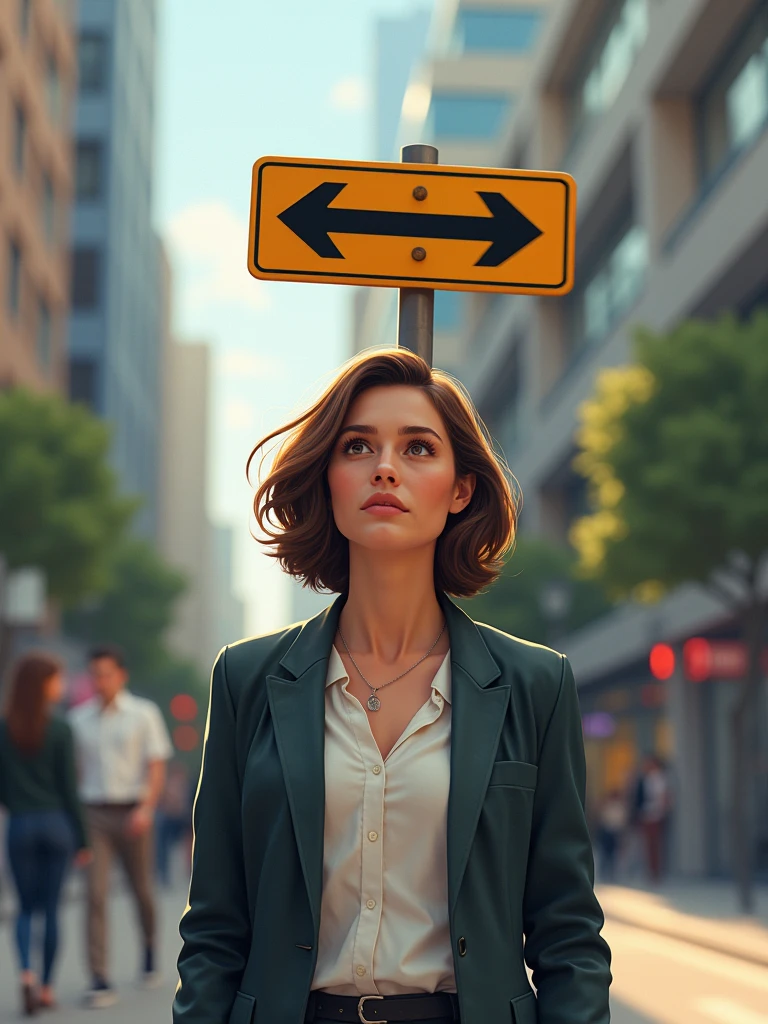 make three images , Image of a woman looking at a sign with two arrows and wondering which way to go , Image two of the same woman consulting with two people at a desk about which path she should take , Image three: woman celebrating a good decision with a document in her hand