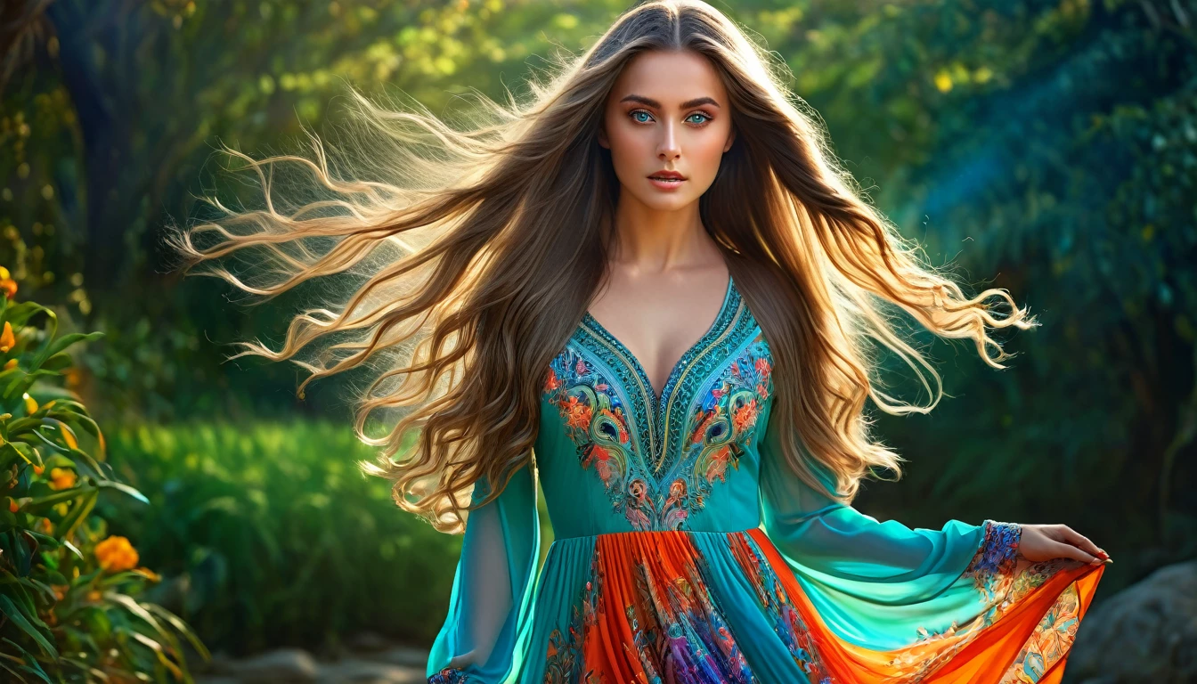 a beautiful woman with long flowing hair, gorgeous eyes, attractive, 1girl, outdoor, cinematic lighting, dramatic pose, colorful dress, natural background, detailed facial features, high quality, intricate details, photorealistic, digital painting, vibrant colors, dynamic composition, ethereal, magical realism
