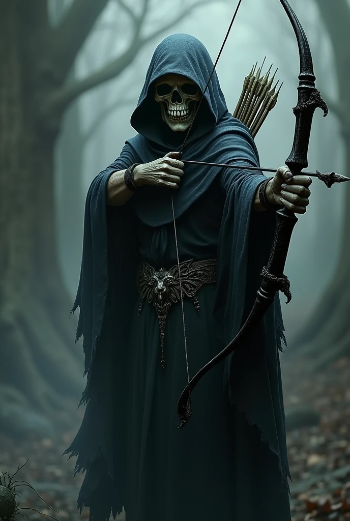 Man facing forward pointing a bow and arrow with a skull face