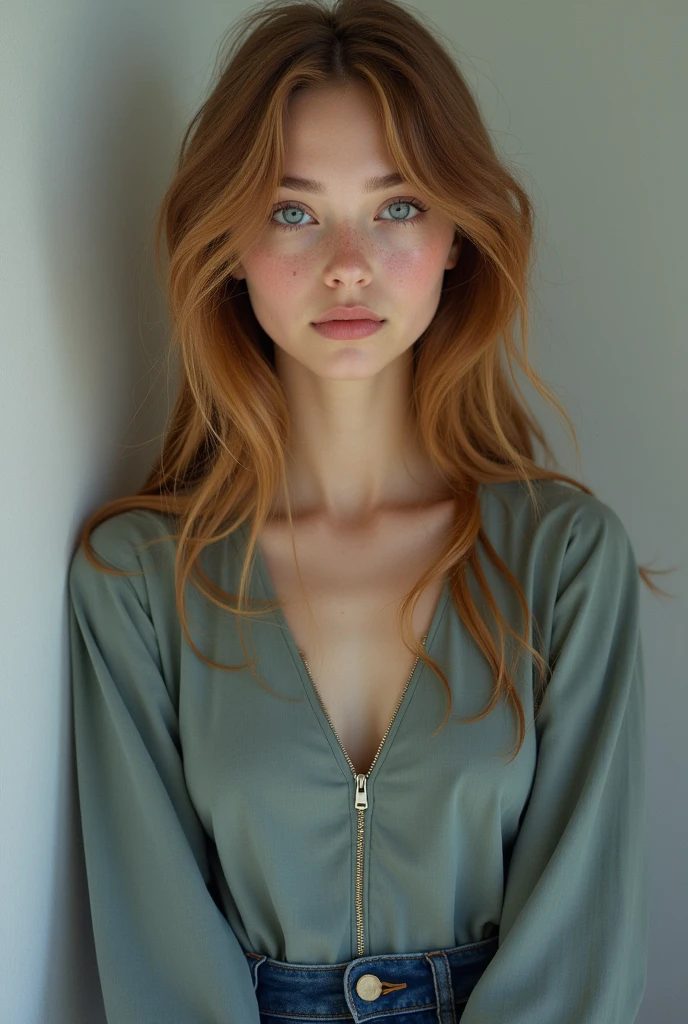 17 year old girl with blue eyes, standing and facing