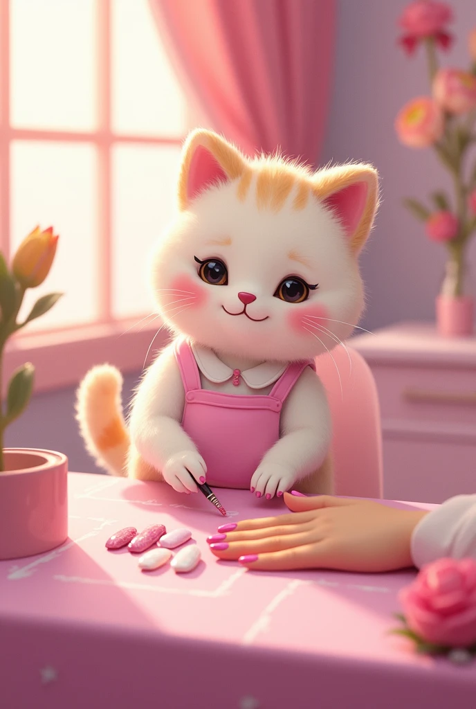 MOCHICAT doing nails, A pink nail studio, MOCHICAT with a manicurist apron , With gradient nails