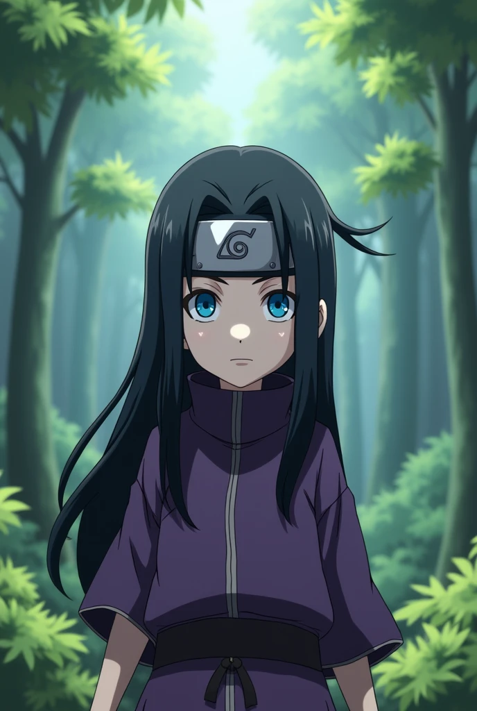 Screenshot, naruto anime style, A girl, pale white skin, medium height, blue eyes, black hair, long, loose, without flinching, purple and black ninja clothing, with ninja band, In a forest