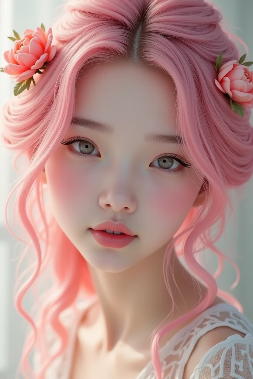A young woman with pink hair and flowers in her hair, girl gorgeous, beautiful, baby face, 20 years, White skin.