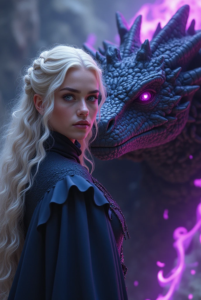 Alicia Agneson as Targaryen, violet eyes, wavy fur, And next to her, a dragon similar to Meraxes, large and dark purple and black in color., deep red eyes, shiny scales of dark blue and purple, a big osic, combination of black and purple flames, and it&#39;s scary