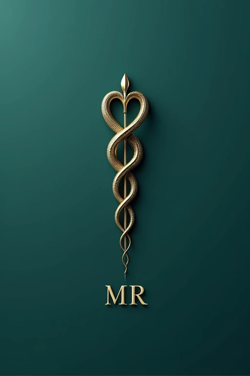 Make me a logo with a minimalist and elegant approach. In the middle, represented by two stylized serpents that gently coil around a thin, polished staff. The staff is golden, radiating a sense of luxury and distinction. The background is a soft shade of navy blue or emerald green, evoking tranquility and health. The serpent lines are thin and silver, complementing the staff and adding a modern and sophisticated touch. Below the symbol, The name MR is written in a stylish serif font., also in gold, to harmonize with the staff. The typography has a classic but modern style, projecting confidence and professionalism. On the whole, the logo communicates a feeling of well-being, high quality and exclusive medical care, ideal for a medical spa. I want it in 3D
