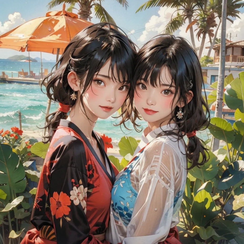 ((highest quality, masterpiece, High resolution)), ((reality)),Photos of beautiful Japanese women,((anime art))、 (((1 girl))), normal size breasts, slim body shape, long ponytail,double eyelid, Wet see-through micro bikini, A pareo with bold ethnic patterns and plenty of primary colors、(Brown skin:1.4),realistic skin、Wet,whole body,cinematic light、tropical、Against the background of palm trees on both sides、on a sunny beach、With the sea in the background、blur background、smile