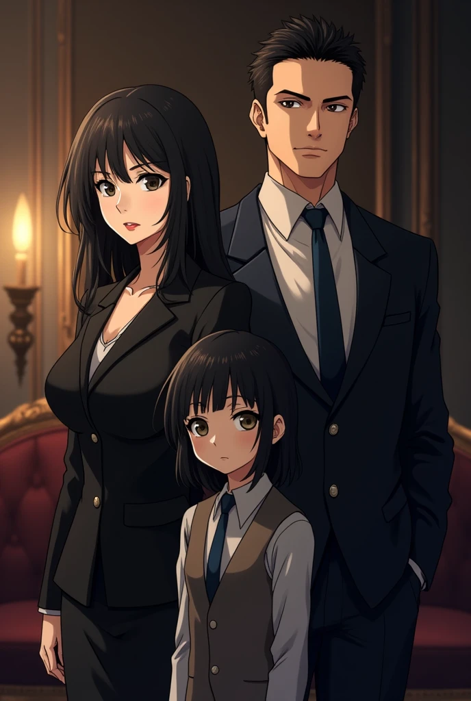 Anime style, mafia, family, mother, father, adult daughter, timid, black hair