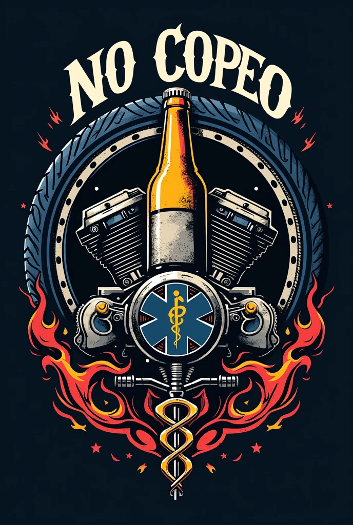 **Logo Creation for "No Copeo"**
We are looking for a logo design for a biker group called "No Copeo". The central idea of the logo is to combine several key elements:
- **Main elements**:
- A beer or a bottle of whiskey.
- A motorcycle engine
- The sign of medicine.
- A tire.
-Motorcycle chain with fire
- **colors**: Must incorporate the blue colors, yellow and red, following the palette of the Colombian flag.
- **style**: Modern and biker style naker, with a touch that reflects the spirit of the group.
- **Name**: the text "No Copeo" should appear outside the logo, clearly legible