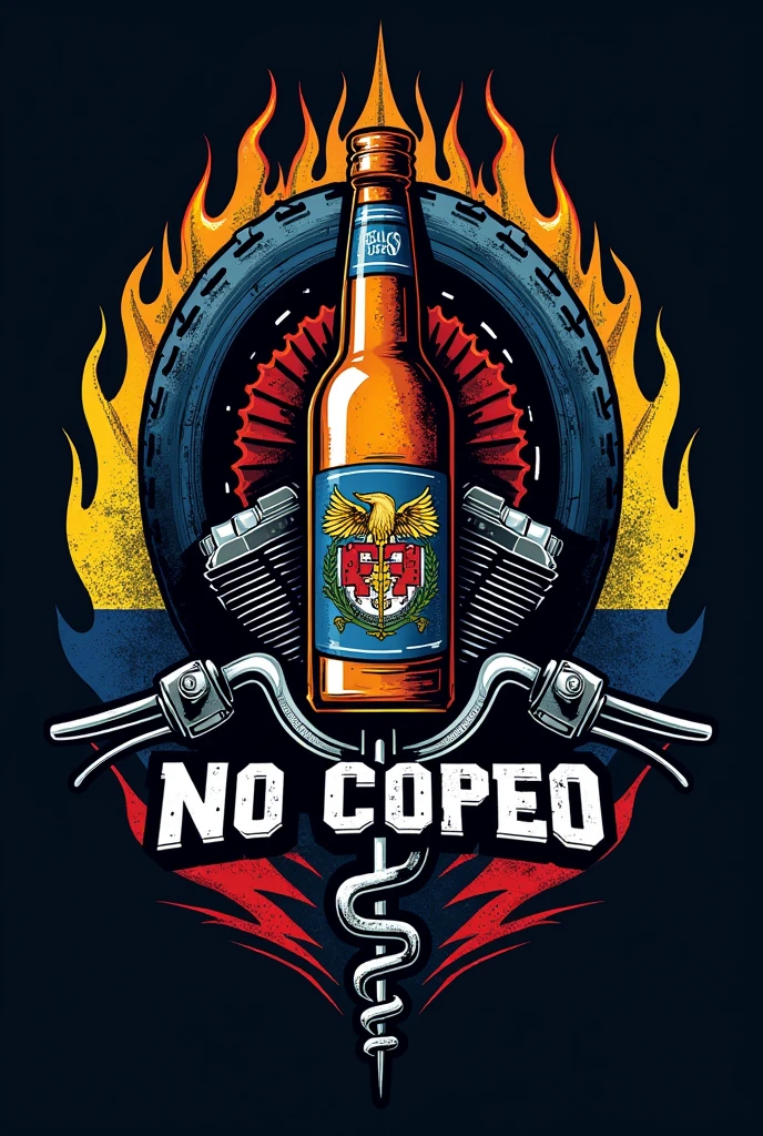 **Logo Creation for "No Copeo"**

We are looking for a logo design for a biker group called "No Copeo". The central idea of the logo is to combine several key elements:

- **Main elements**:
  - A beer or a bottle of whiskey.
  - A motorcycle engine
  - The sign of medicine.
  - A tire.
-Motorcycle chain with fire

- **colors**: Must incorporate the blue colors, yellow and red, following the palette of the Colombian flag.

- **style**: Modern and biker style naker, with a touch that reflects the spirit of the group.

- **Name**: the text "No Copeo" should appear outside the logo, clearly legible