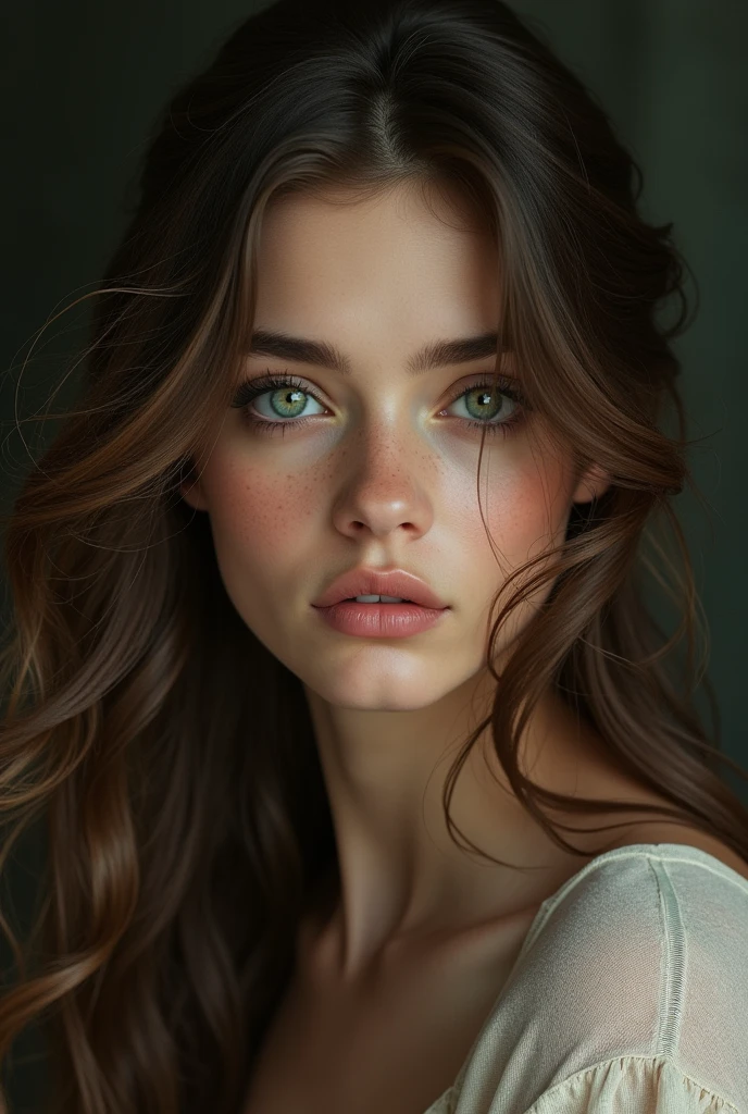A woman with long brown hair and green eyes