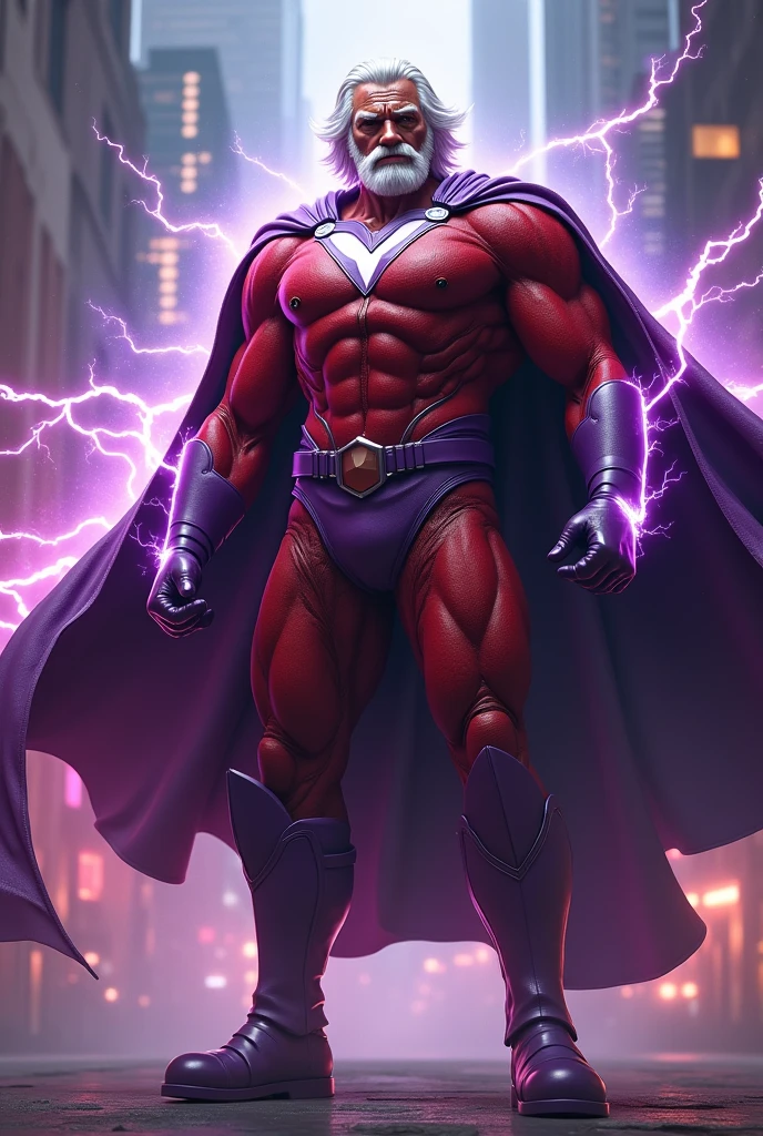 A powerful middle-aged man with shoulder-length white hair, a muscular physique, wearing red body armor, a purple belt, gloves and boots, and a flowing purple cape, generating a strong magnetic field and electricity, 4k, 8k, highres, masterpiece, ultra-detailed, realistic, photorealistic, photo-realistic, HDR, UHD, studio lighting, ultra-fine painting, sharp focus, physically-based rendering, extreme detail description, professional, vivid colors, bokeh, superhero, comic book art