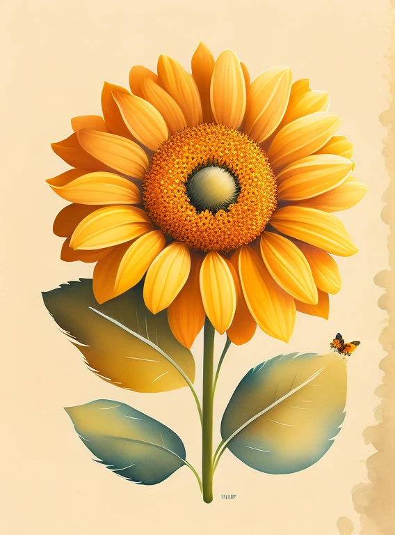 A realistic minimalist sunflower flower in a field of flowers, butterflies in the garden, masterpiece, in an autumn landscape, warm colors, watercolor style, T-shirt design, rzminjourney, vector art