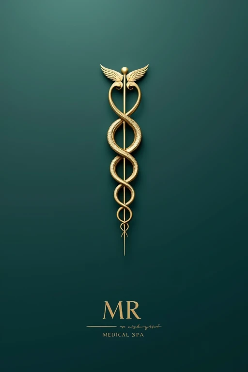 Make me a logo with a minimalist and elegant approach. In the middle, represented by two stylized serpents that gently coil around a thin, polished staff. The staff is golden, radiating a sense of luxury and distinction. The background is a soft shade of navy blue or emerald green, evoking tranquility and health. The serpent lines are thin and silver, complementing the staff and adding a modern and sophisticated touch. Below the symbol, The name MR is written in a stylish serif font., also in gold, to harmonize with the staff. The typography has a classic but modern style, projecting confidence and professionalism. On the whole, the logo communicates a feeling of well-being, high quality and exclusive medical care, ideal for a medical spa. I want it in 3D
