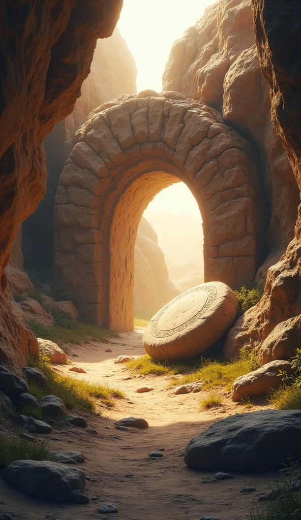 "Create a serene and reverent image of Jesus' tomb, Set in a rocky environment. The scene should show a tomb carved into the rock, with a rounded or arch-shaped entrance, covered by a large round stone that appears to be displaced, as if it were rolled to the side. The entrance to the tomb should be partially illuminated by the soft light of dawn, symbolizing the resurrection. The surrounding environment should be a natural landscape, with rocks and simple vegetation, to create an atmosphere of peace and simplicity. Add subtle details, like a divine light or rays of light that highlight the tomb, to emphasize the spiritual significance of the scene."