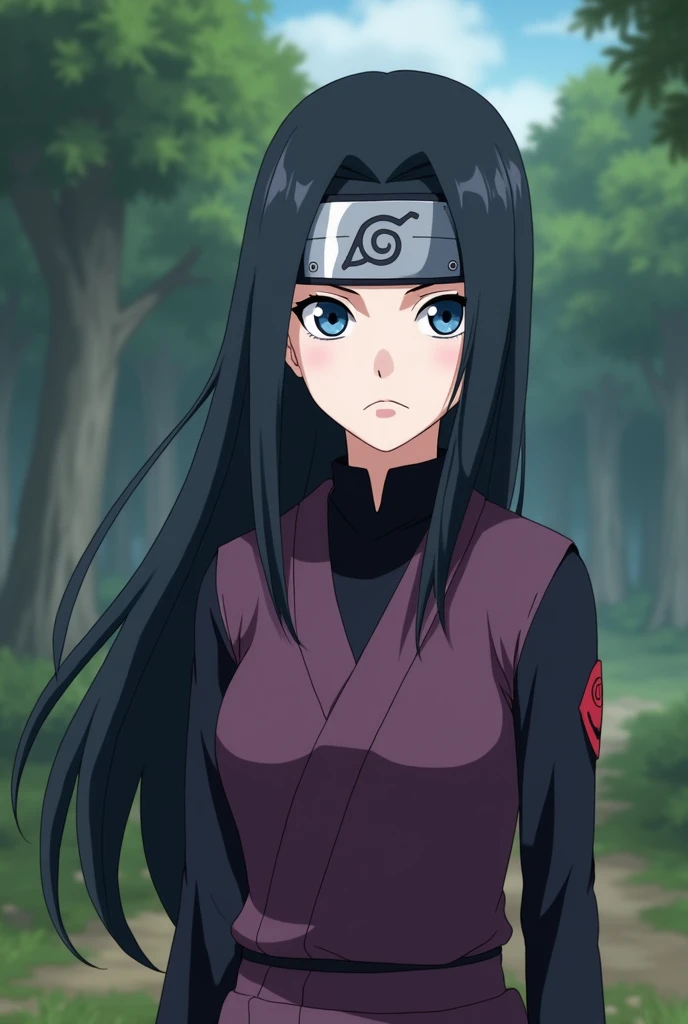 Screenshot, naruto anime style, a girl woman, pale white skin, medium height, blue eyes, black hair, long, loose, without flinching, purple and black ninja clothing, with ninja band, In a forest
