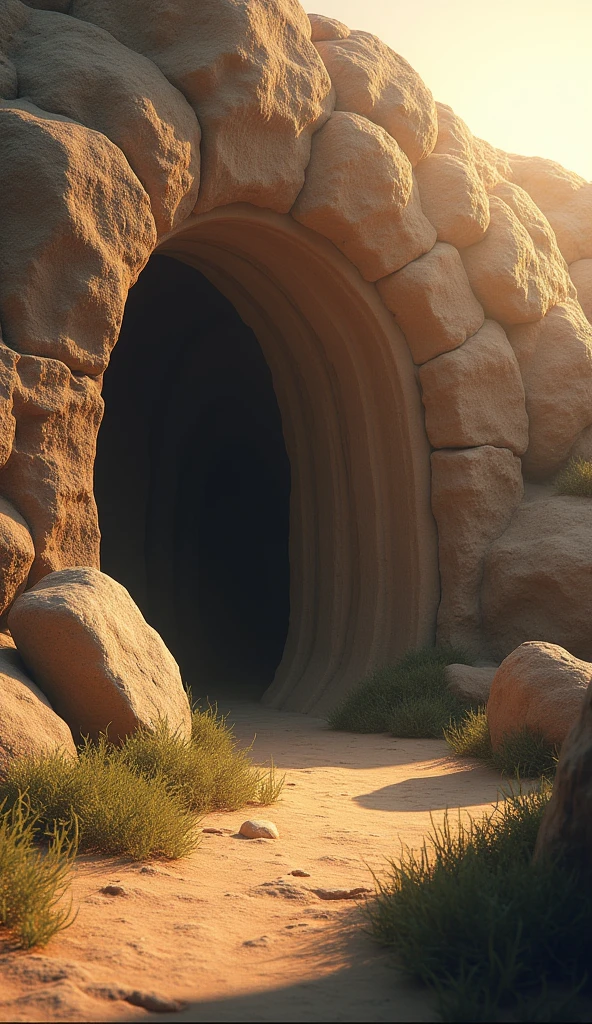 "Create a serene and reverent image of Jesus' tomb, Set in a rocky environment. The scene should show a tomb carved into the rock, with a rounded or arch-shaped entrance, covered by a large round stone that appears to be displaced, as if it were rolled to the side. The entrance to the tomb should be partially illuminated by the soft light of dawn, symbolizing the resurrection. The surrounding environment should be a natural landscape, with rocks and simple vegetation, to create an atmosphere of peace and simplicity. Add subtle details, like a divine light or rays of light that highlight the tomb, to emphasize the spiritual significance of the scene."