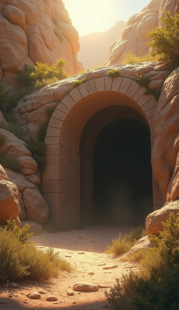"Create a serene and reverent image of Jesus' tomb, Set in a rocky environment. The scene should show a tomb carved into the rock, with a rounded or arch-shaped entrance, covered by a large round stone that appears to be displaced, as if it were rolled to the side. The entrance to the tomb should be partially illuminated by the soft light of dawn, symbolizing the resurrection. The surrounding environment should be a natural landscape, with rocks and simple vegetation, to create an atmosphere of peace and simplicity. Add subtle details, like a divine light or rays of light that highlight the tomb, to emphasize the spiritual significance of the scene."