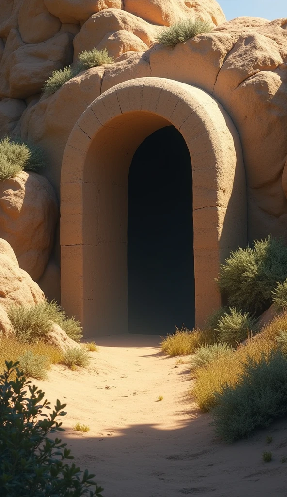 "Create a serene and reverent image of Jesus' tomb, Set in a rocky environment. The scene should show a tomb carved into the rock, with a rounded or arch-shaped entrance, covered by a large round stone that appears to be displaced, as if it were rolled to the side. The entrance to the tomb should be partially illuminated by the soft light of dawn, symbolizing the resurrection. The surrounding environment should be a natural landscape, with rocks and simple vegetation, to create an atmosphere of peace and simplicity. Add subtle details, like a divine light or rays of light that highlight the tomb, to emphasize the spiritual significance of the scene."