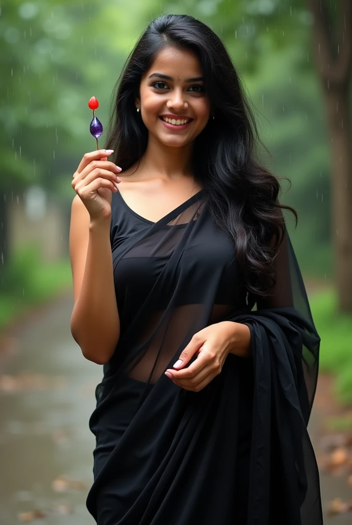 Sexy Indian girl big eyes, big boobs, black saree smiling with a penis in hand, tall, 27years outdoor, rainy weather 