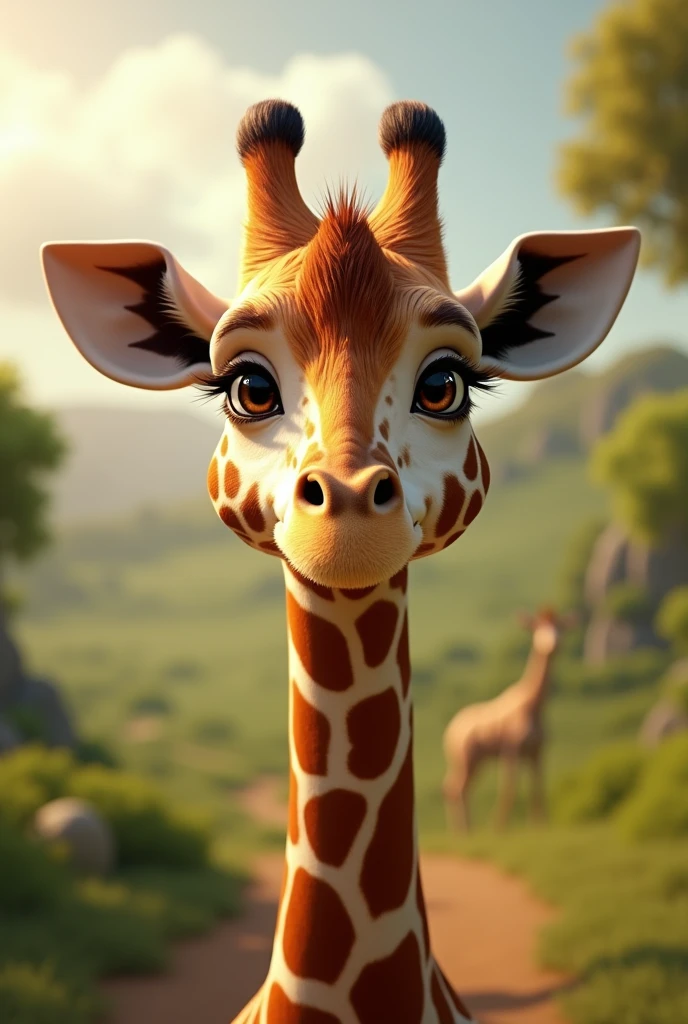 Create an ultra-realistic image of a giraffe with a warm, friendly smile. The giraffe should be depicted with highly detailed textures, capturing the intricate patterns of its fur, the depth of its expressive eyes, and the natural curvature of its smile. The image should convey a sense of warmth and joy, with the giraffe's grin appearing genuine and inviting. The background could be a realistic portrayal of a sunny savannah or a lush, green landscape, adding to the lifelike quality of the scene. The overall composition should be vivid and true to life, making the giraffe's smile the central focus in a highly detailed and realistic setting