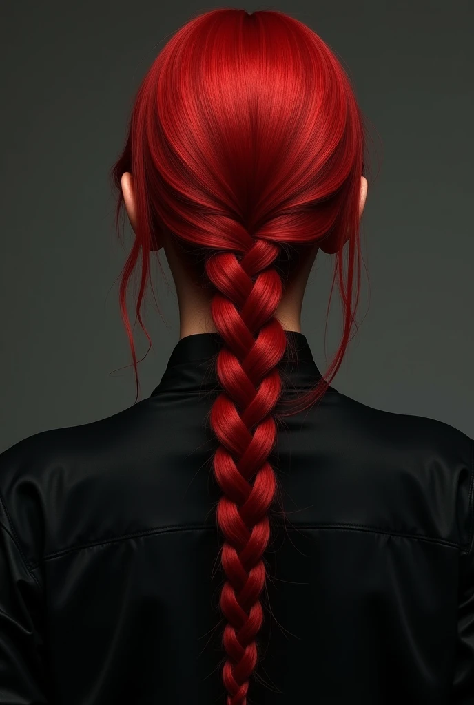 A woman facing backwards with her face not visible but instead a RED long braid visible above her black  shirt.