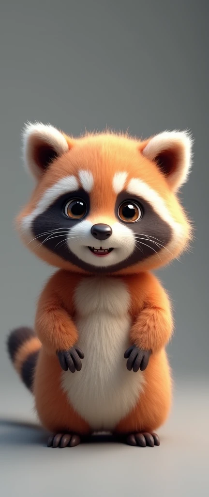 A captivating, high-quality 3D render of a deliciously fluffy baby raccoon, who exudes cuteness and charm. The raccoon has a round, plump body covered in soft, vibrant fur and a gentle, ever-so-slightly open mouth revealing tiny teeth. Its large, expressive round eyes shine brightly, and its rosy cheeks are irresistible. The raccoon stands upright on all fours, with its hands resting gently by its sides, emanating an inviting and friendly aura. The muted gray background allows the raccoon's vivid colors and texture to truly pop, creating a visually striking and conceptually unique piece of art., photo, conceptual art, 3d render