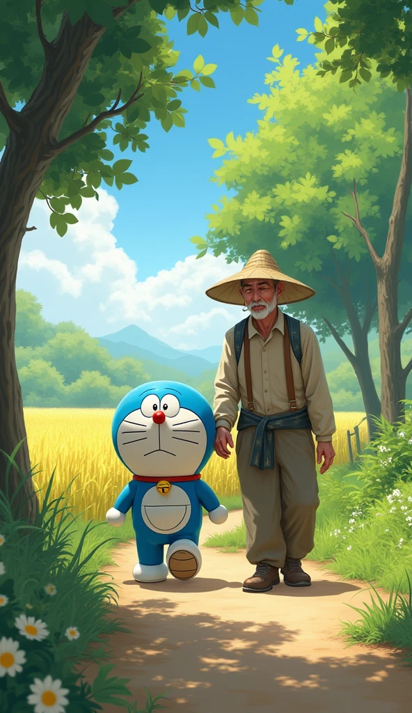 Doraemon and the farmer went home, In between are trees and rice