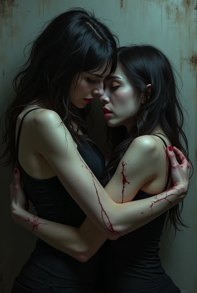 (best quality,realistic,photorealistic:1.37),ultra-detailed,2girls,blood-covered mouths,passionate kiss,red lighting,horror,dark atmosphere,macabre,haunting,emotional intensity,dripping blood,pale skin,wet hair,tangled locks,sinister expressions,tight embrace,romantic,thick,visceral,gore,gruesome embrace,dramatic,artistic,gothic,vivid colors,contrast,dark shadows,fierce love,sensual,provocative,obscure,violent passion,forbidden love,tragic beauty,eye contact,bloody affair, oil painting, kissing, naked, holding eachother